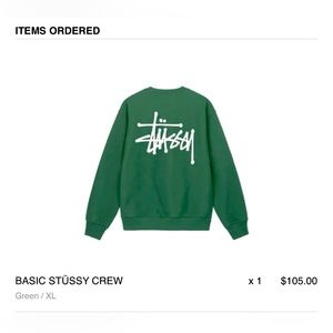 Brand NEW Basic Stussy Crew; GREEN XL